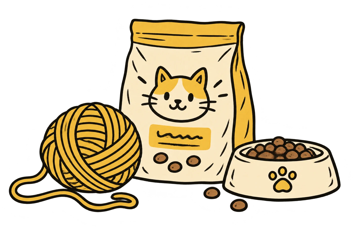 手绘猫粮袋、毛线球与食盆静物